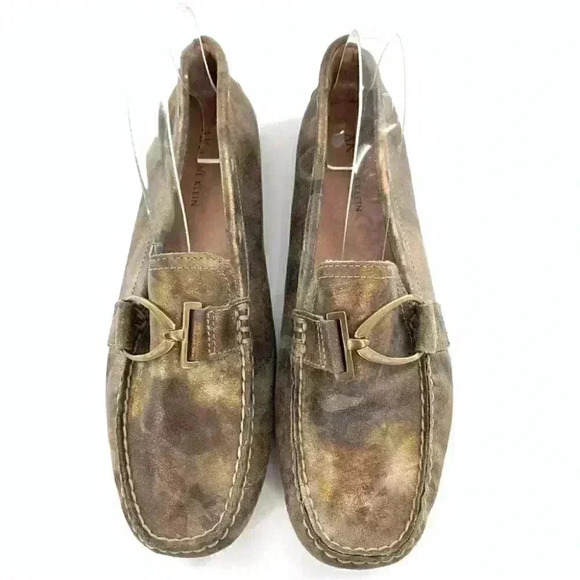 AK Anne Klein flats 8.5 Davis brown gold leather camo horsebit driving loafers - Picture 4 of 13
